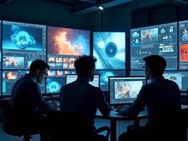 Team che lavora a un progetto di multimedia design su grandi schermi