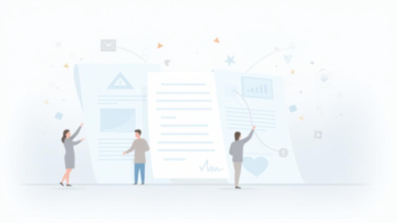 Illustrazione astratta di documenti legali e persone che collaborano, simbolo di accordi e protezione dei dati.